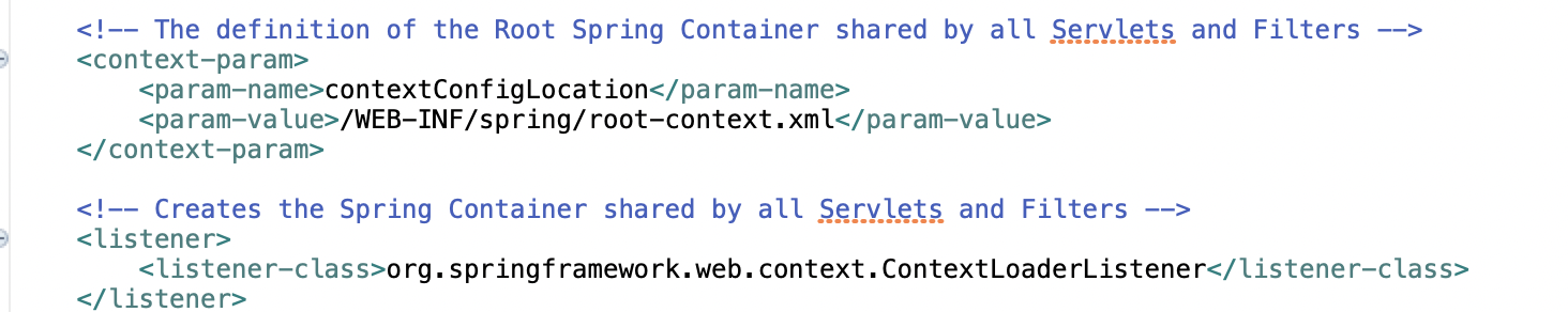 web.xml에서 ContextLoaderListener와 root-context.xml 경로가 설정된 부분
