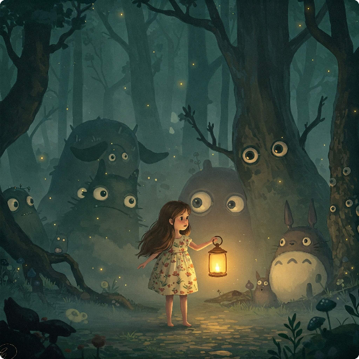 숲속 생명체와 소녀 프롬프트