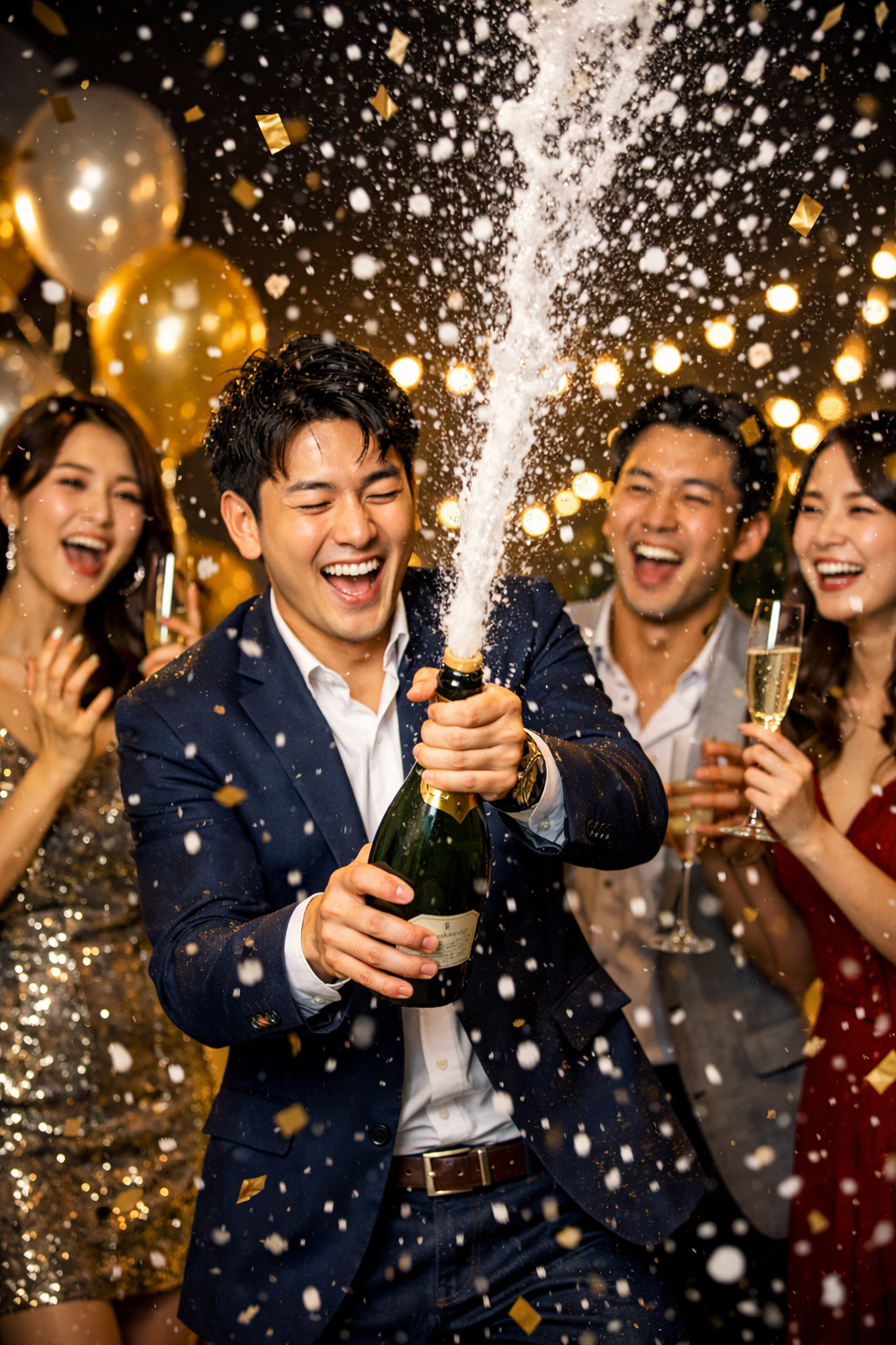 축하하는 자리에서 샴페인이 폭발하듯 터지는 사진