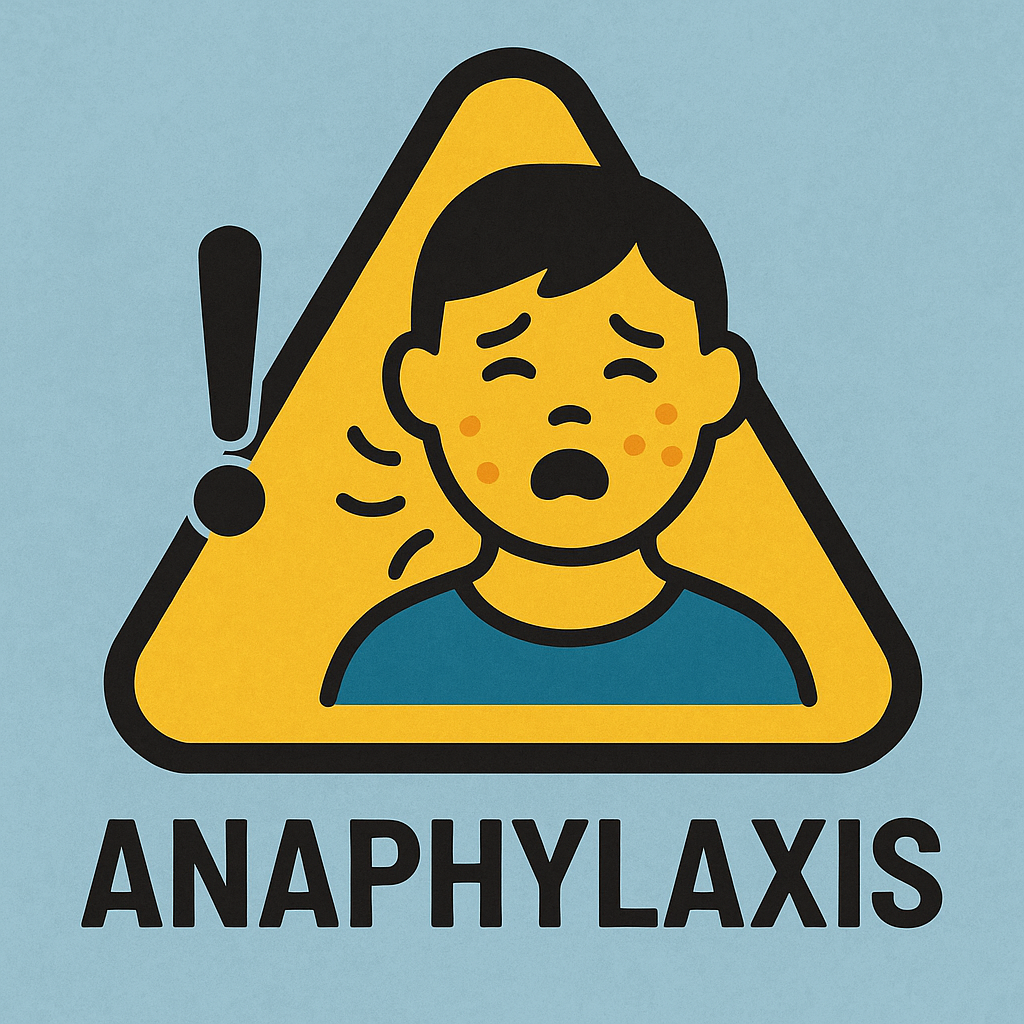 아나필락시스(알레르기 쇼크)를 경고하는 아이콘형 일러스트 – 얼굴 부기, 호흡곤란, 경고 표시 포함