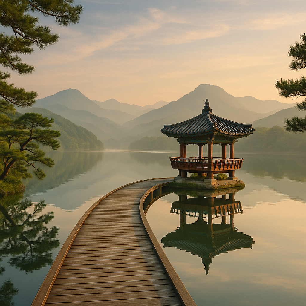 "8월 말 국내 여행 추천 - 한적한 전통 정자와 호수가 있는 평온한 한국 풍경"