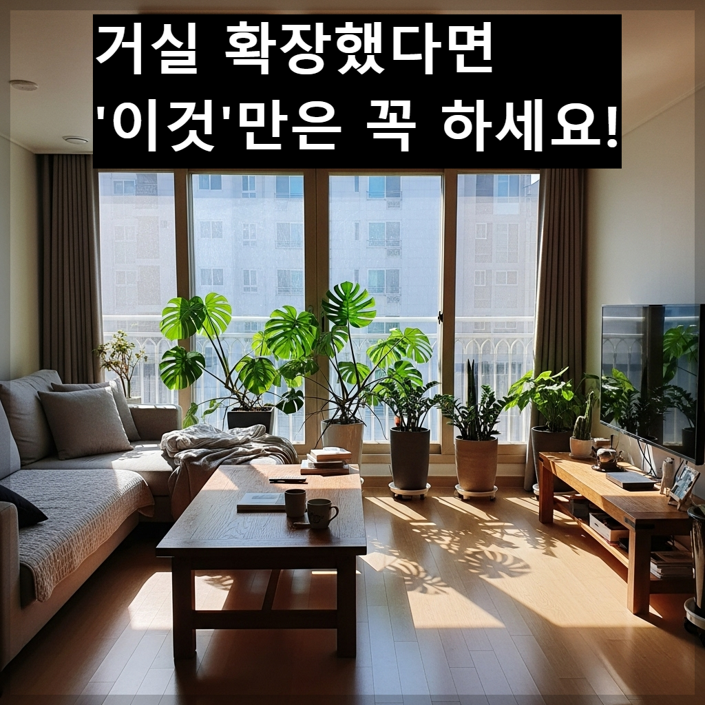 베란다 확장 거실 창가에 배치된 재물운 보완용 대형 관엽식물 인테리어