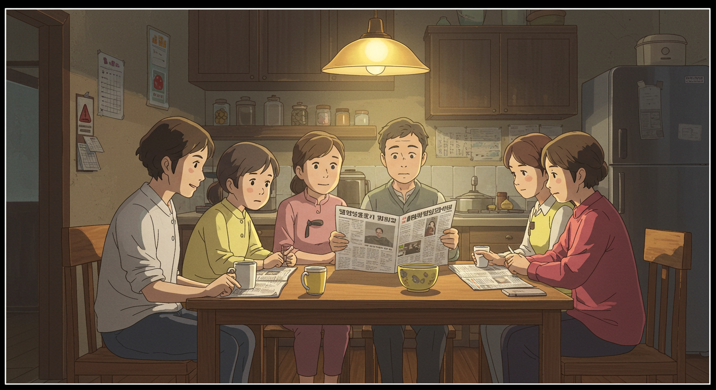 가족이 모여 신문 속 노란봉투법 소식을 이야기하는 모습