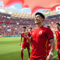 손흥민을 중심으로 대한민국 축구대표팀 선수들이 경기장에 입장하며 환한 표정으로 관중석을 바라보는 모습