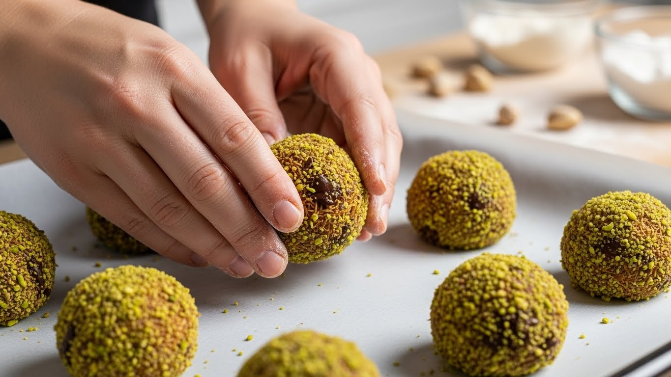 잘게 다진 피스타치오와 카다이프로 덮인 동그란 두바이 쫀득 쿠키 반죽을 손으로 성형하는 모습.