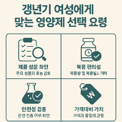 이 인포그래픽은 갱년기 여성에게 적합한 영양제를 선택할 때 고려해야 할 요소 4가지(성분 확인, 복용 편의성, 안전성 검증, 가격대비 가치)를 직관적으로 정리한 시각 자료입니다. 주요 성분과 복용량, 인증 여부, 가격과 품질의 균형까지 꼼꼼하게 비교할 수 있도록 도와줍니다.