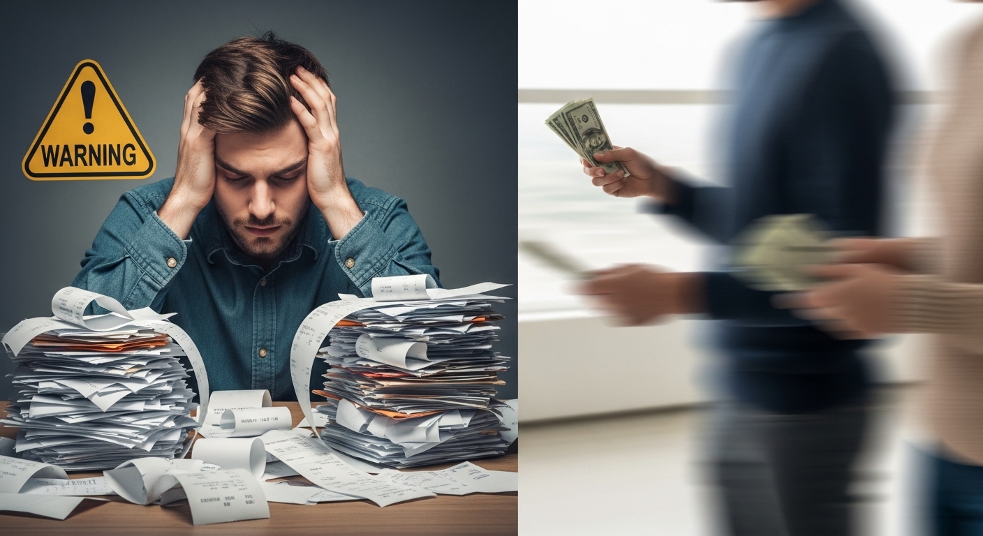 영수증 더미에 파묻힌 창업가의 스트레스 받는 모습과 함께 지원금 관리의 위험성을 경고하는 이미지.