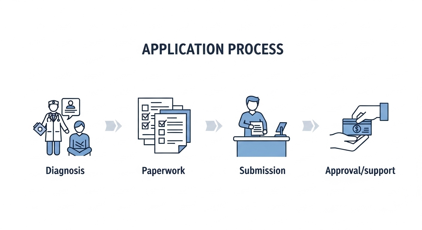 희귀질환 의료비 지원을 위한 진단, 서류 준비, 신청, 지원금 수령까지의 단계별 과정을 나타낸 간결한 인포그래픽.
