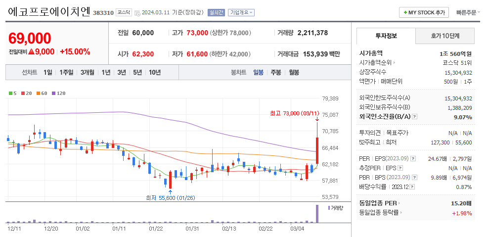 에코프로에이치엔 일봉차트