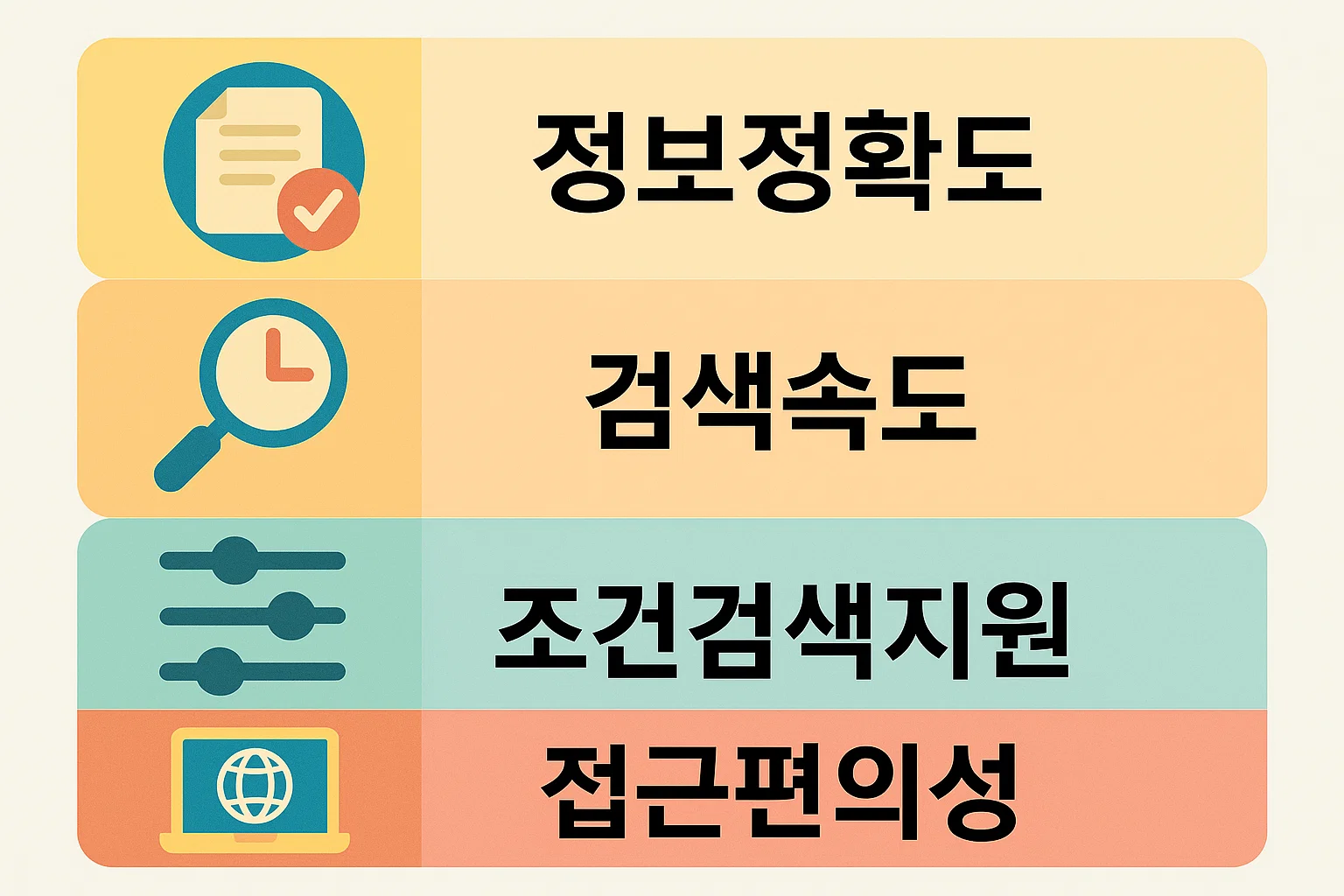 건강검진 기관 선택 시 확인해야 할 정보정확도, 검색속도, 조건검색 지원, 접근편의성 등 주요 비교 요소를 정리한 인포그래픽. 기관별 전화문의나 예약 전 참고자료로 활용 가능한 시각자료.