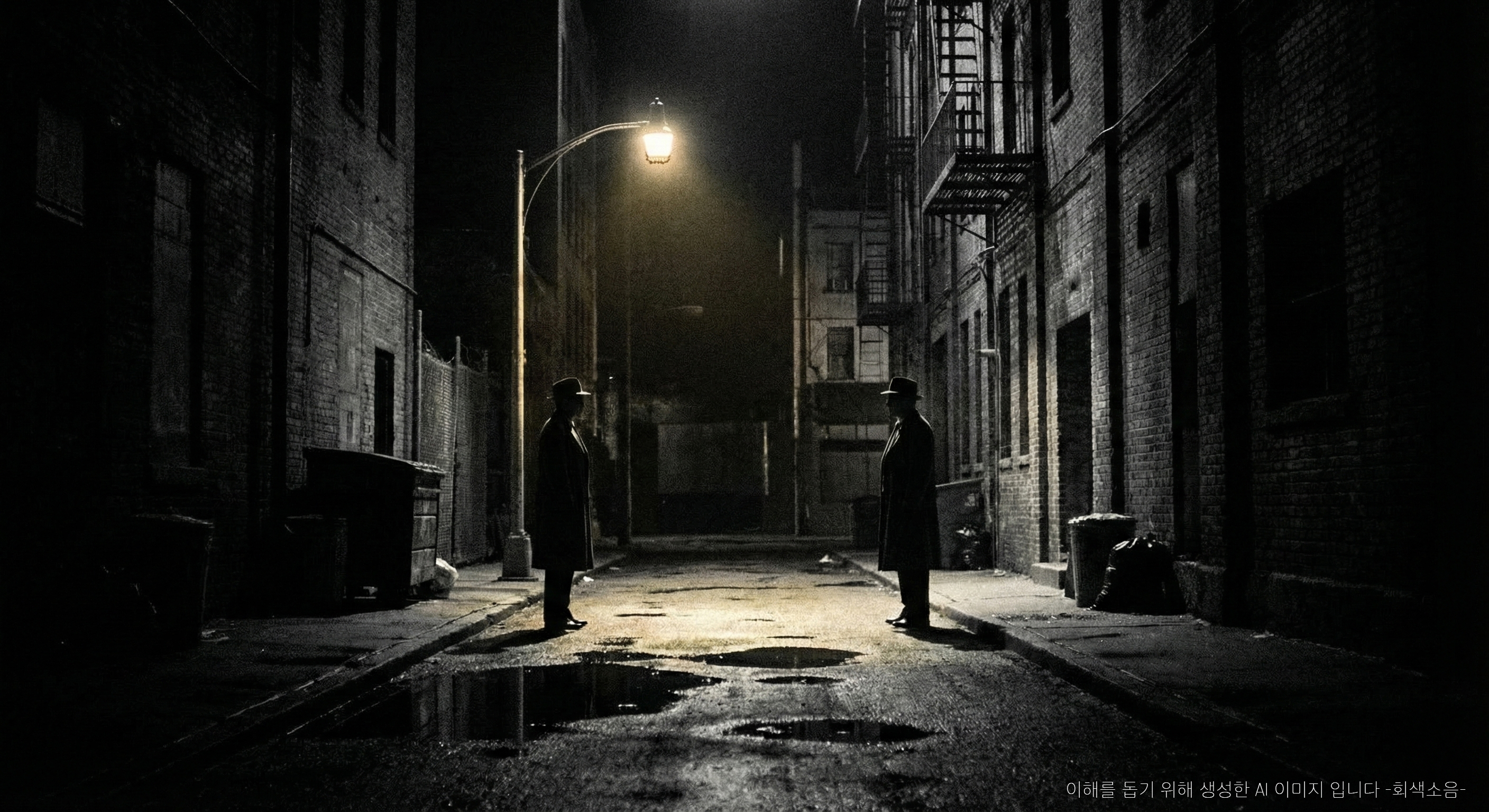 야수들의 시간 : 한밤의 텅 빈 도시 골목에서 깜빡이는 가로등 아래 두 남자가 빛의 가장자리에 떨어져 서 있고, 젖은 아스팔트 웅덩이에 불빛이 반사되는 차갑고 고독한 누아르 장면.