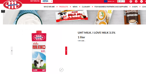 믈레코비타 공식 웹사이트에 등록된 I LOVE MILK 3.5% UHT 우유 제품 상세 페이지. 1리터 포장과 젖소 일러스트가 특징인 유럽 수입 멸균 우유.
