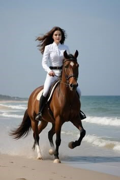 하얀-옷을-입고-검정-장화를-신은-여성이-갈색머리를-휘날리며-말을타고-해변을-뛰어가는-모습
