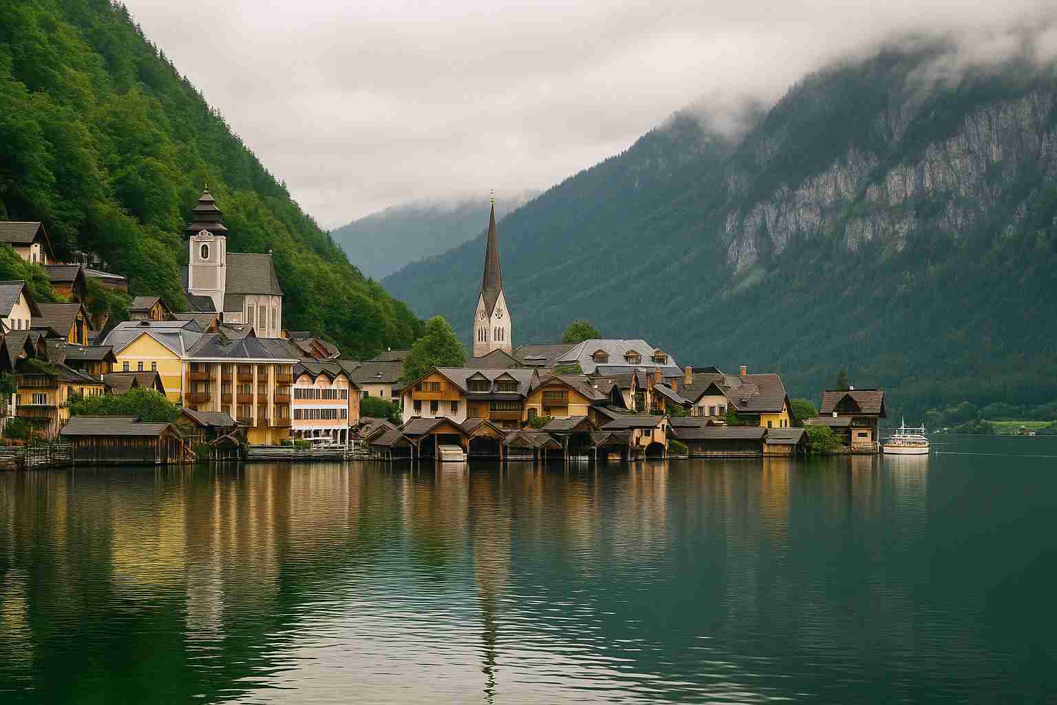 오스트리아 할슈타트의 고요한 호수와 그림 같은 목조 가옥 풍경