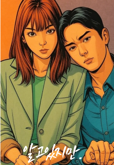 청춘 남녀 둘 이 앉아 불안한 감정의 표정을 짖고 있는 모습