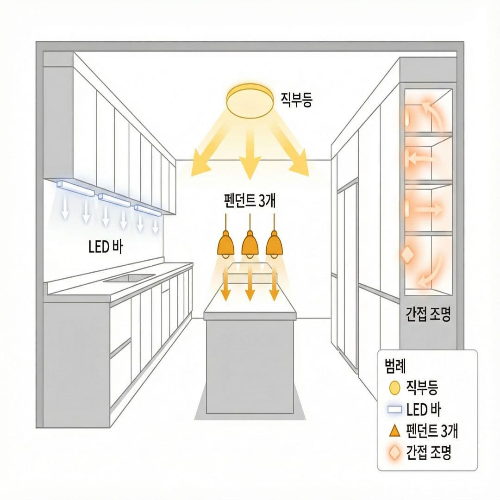 주방 조명 선택과 배치, 밝고 효율적인 조명 계획