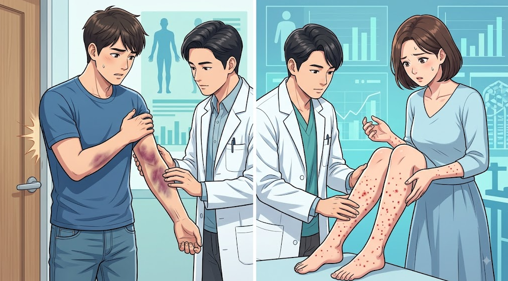 3. 문 모서리에 부딪힌 남성 환자의 팔 외상성 멍과, 외상 없이 여성 환자의 양쪽 종아리에 발생한 점상출혈을 비교 진찰하는 장면