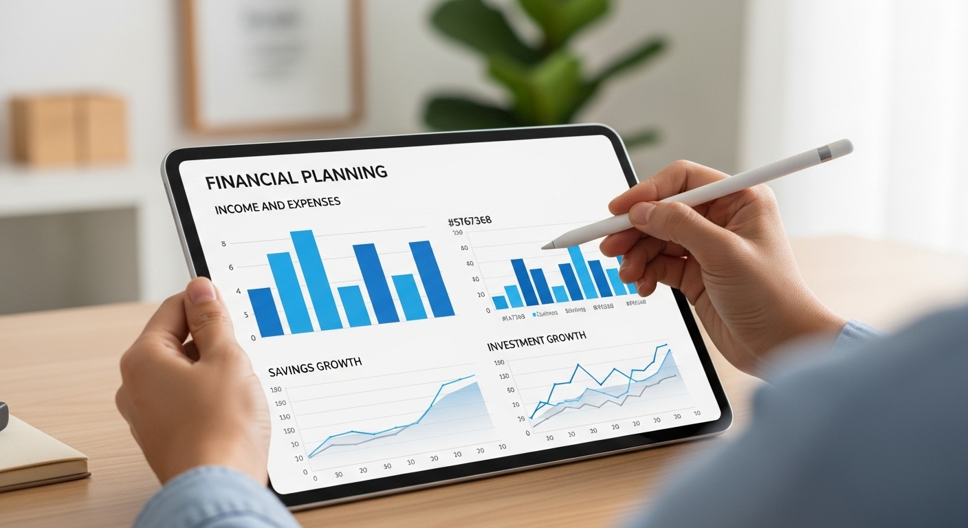 수입, 지출, 저축, 투자 그래프가 표시된 태블릿으로 재정 계획을 세우는 모습. FIRE 목표 설정의 중요성을 상징합니다.