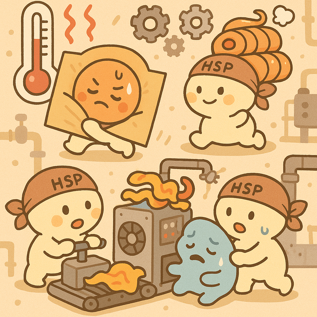 귀여운 캐릭터로 표현된 HSP(열충격단백질)들이 세포 속에서 손상된 단백질을 수리하고 스트레스에 대응하는 과정을 그린 일러스트
