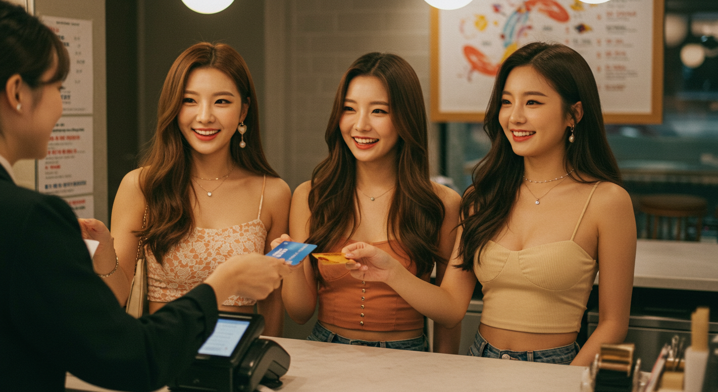 음식점에서 카드로 결제하는 여인들