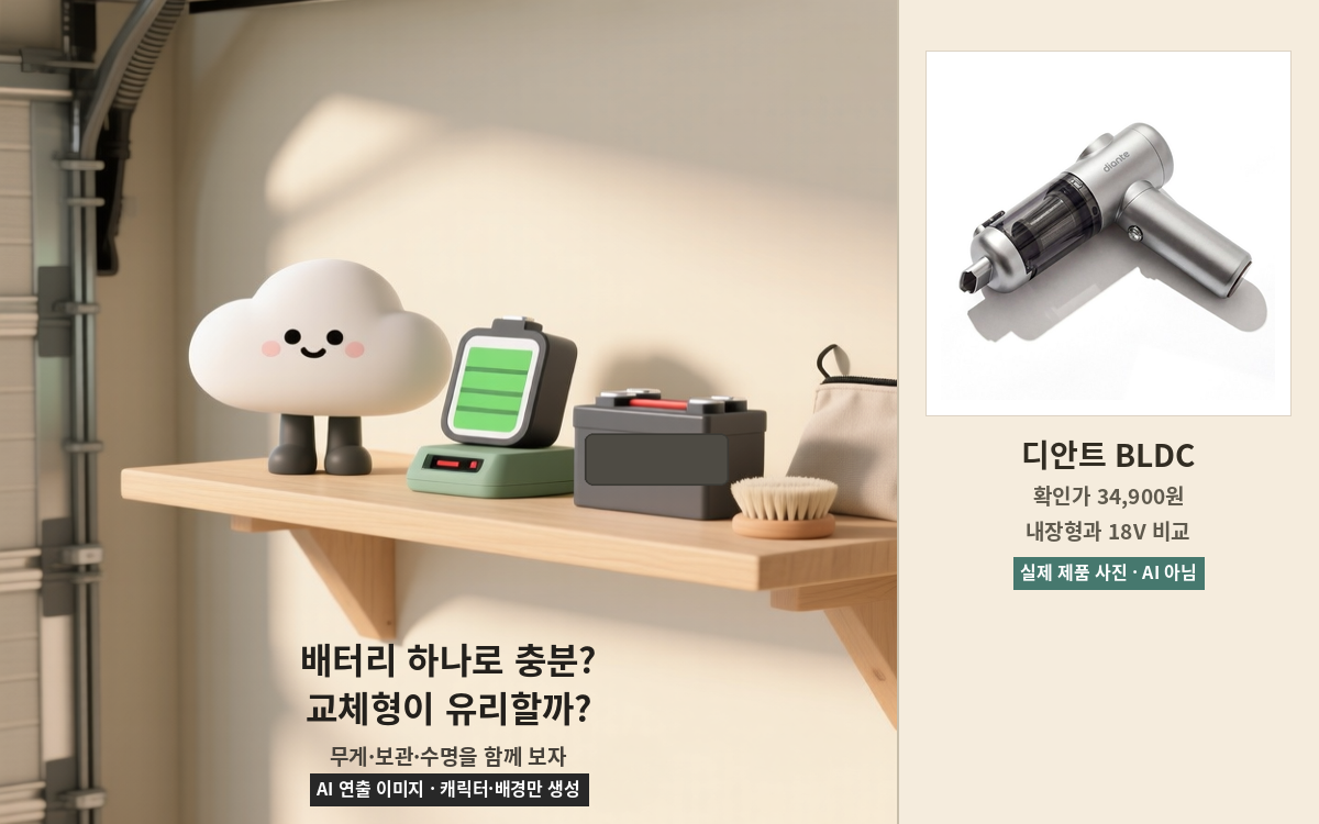 내장 배터리와 18V 교체형 배터리 보관 방식 비교