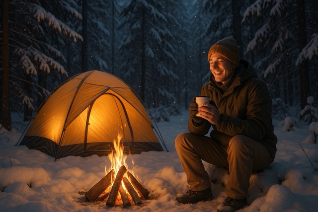 눈속에서 캠핑을 즐기는 남자 모습