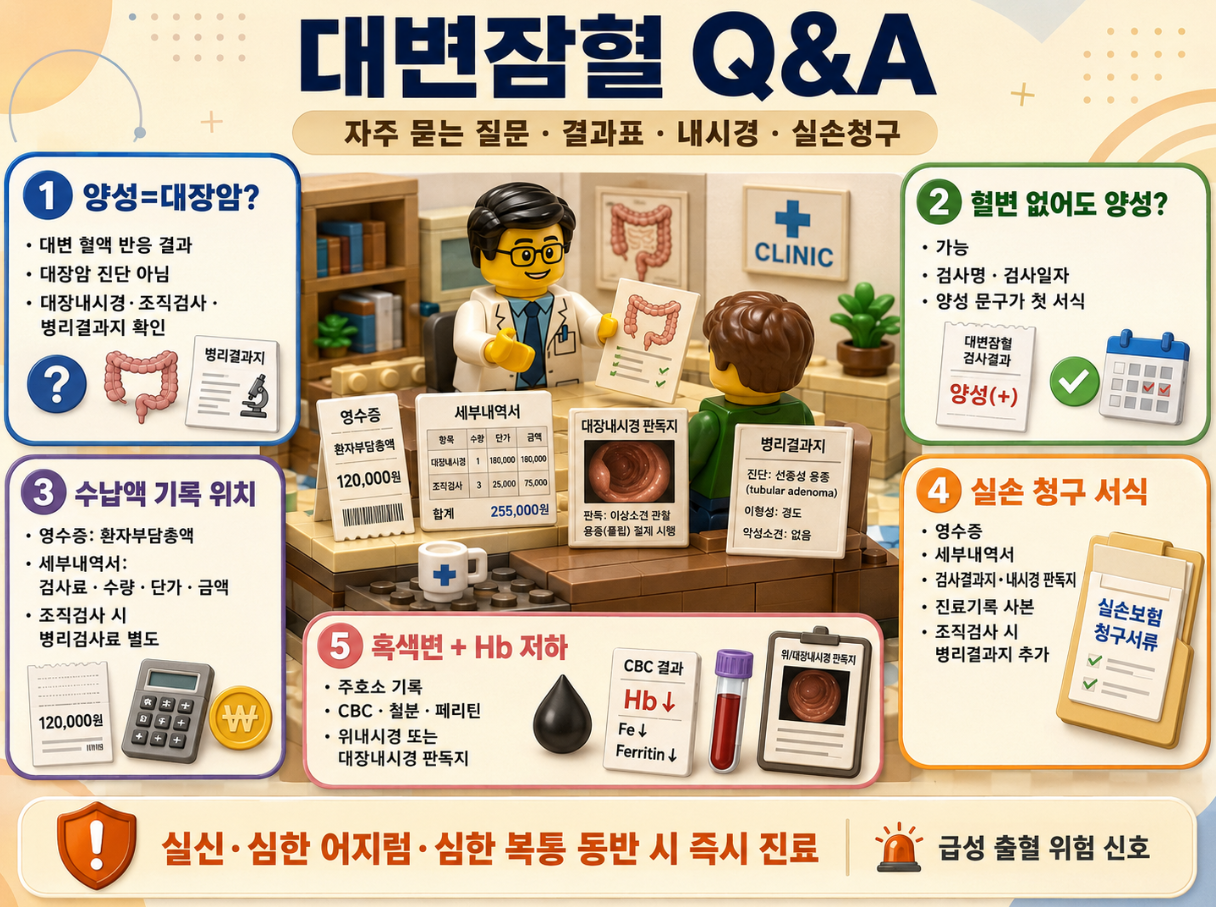 대변잠혈 양성 Q&amp;A에서 결과 의미, 혈변 여부, 수납액 기록 위치, 실손 청구 서식, 흑색변과 혈색소 저하 기록을 정리한 레고 스타일 의료 인포그래픽