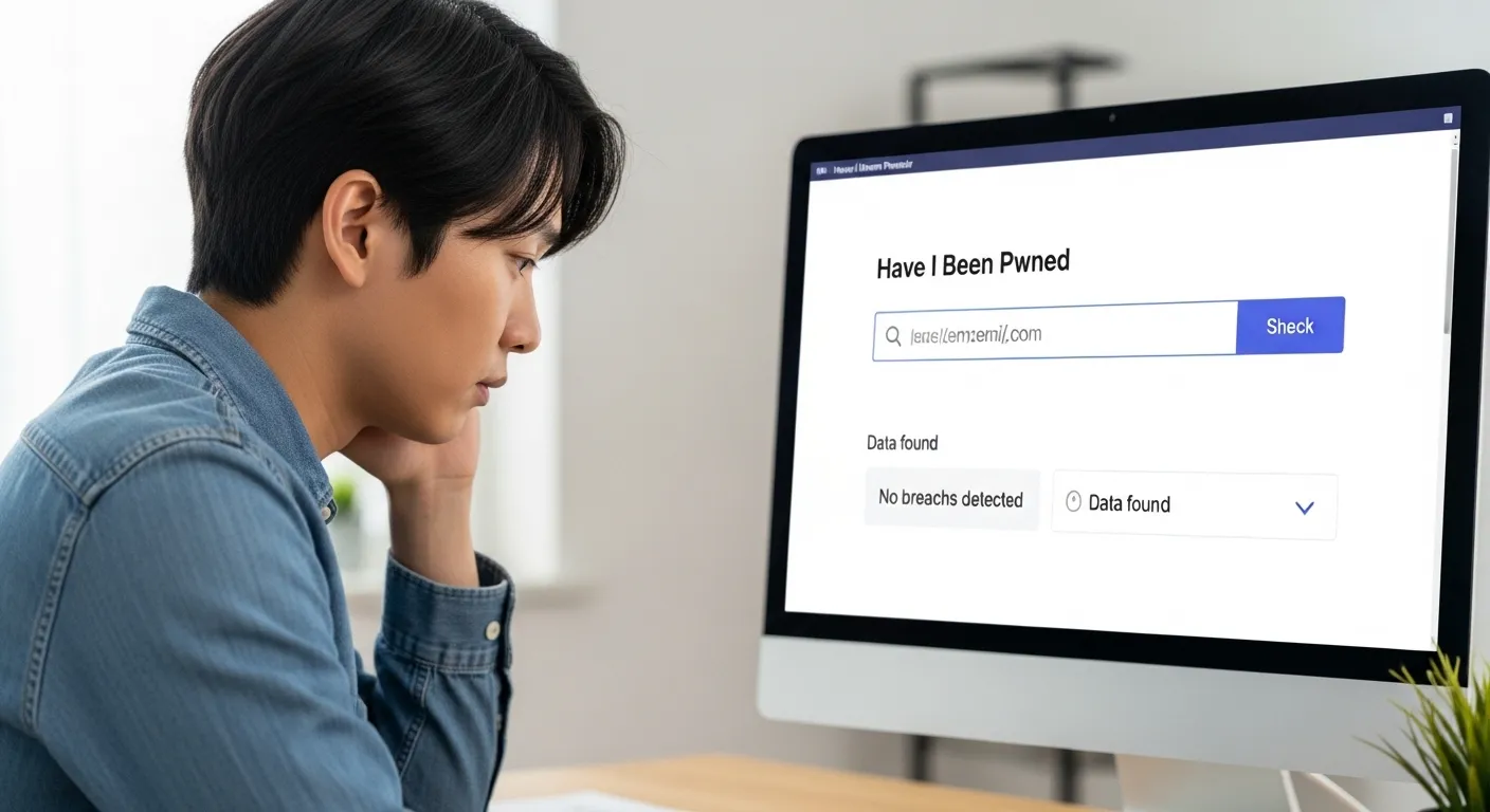 컴퓨터 화면에 개인 정보 유출 여부를 확인하는 웹사이트가 표시되어 있고, 한 한국인이 화면을 집중해서 보고 있다.