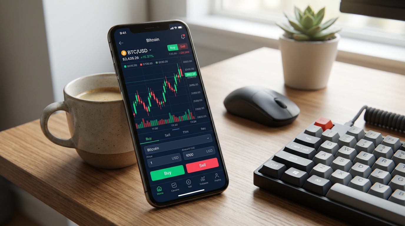 仮想通貨取引所のスマートフォン画面、チャート分析、トレーディングアプリ、モバイルトレーディング