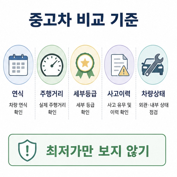 중고차 가격비교 시 연식, 주행거리, 세부등급, 사고이력, 차량상태를 함께 확인하고 최저가만 보지 않아야 한다는 그림