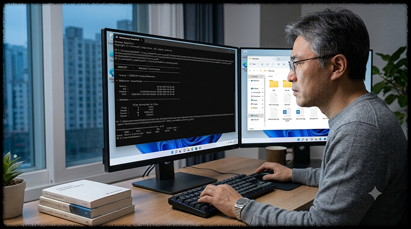 Robocopy 명령으로 긴 경로의 파일을 짧은 폴더에 복사하는 모습
