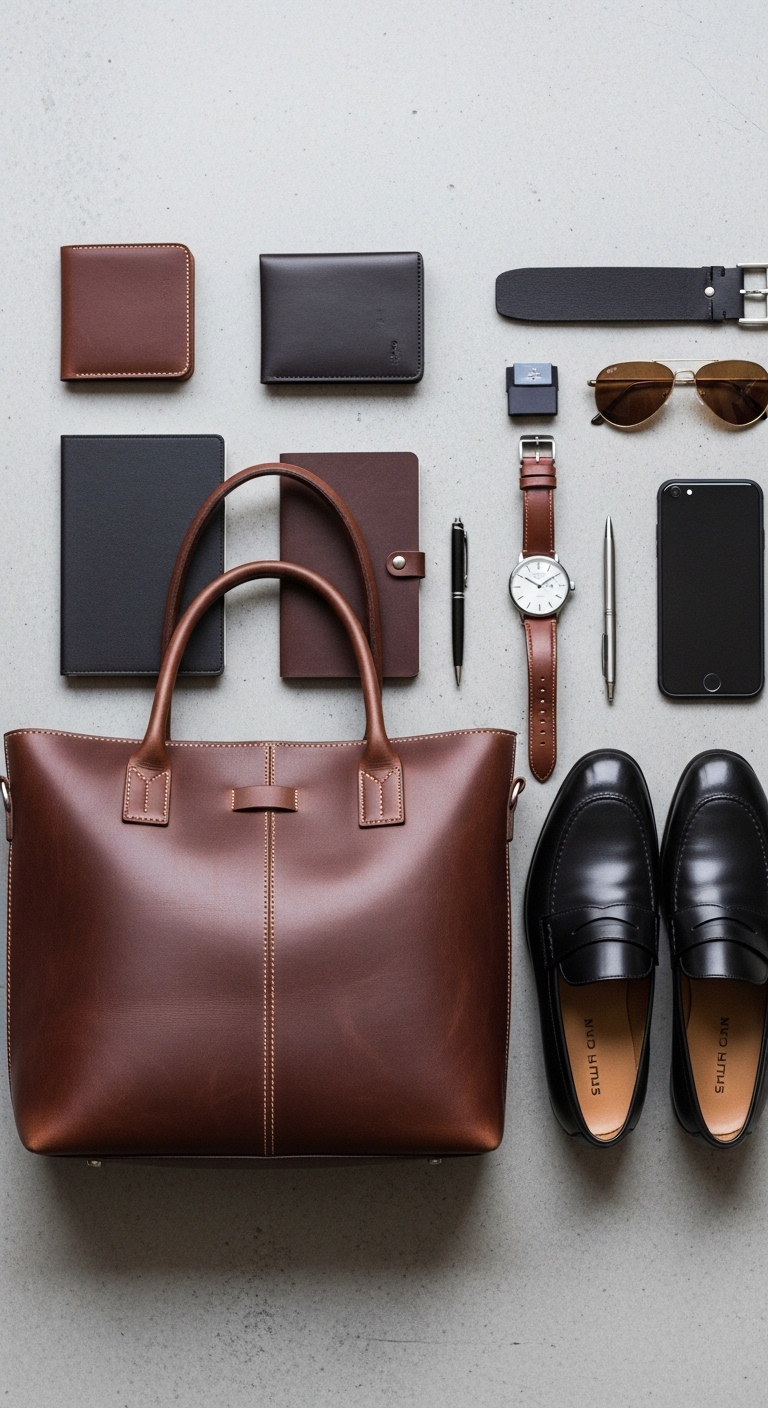 깔끔한 가죽 토트백과 로퍼가 놓여 있는 감성적인 소품 사진