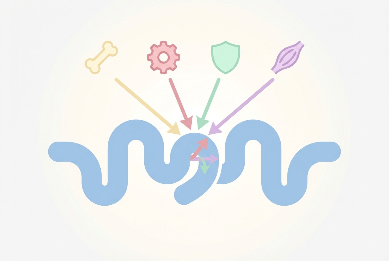 미네랄 영양제들이 소장 내에서 흡수 경로를 놓고 경쟁하는 개념 도식