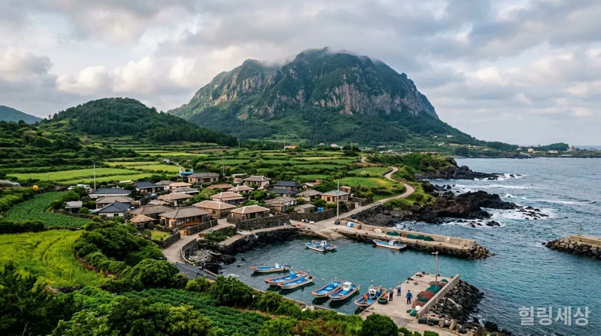제주도의 화산 풍경과 푸른 자연, 그리고 전통 어촌 마을의 모습