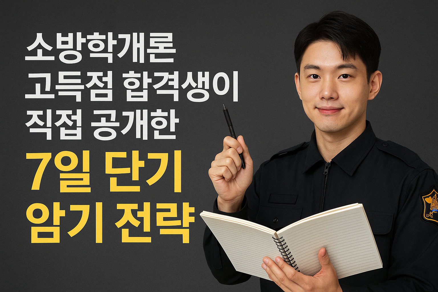 소방공무원-시험-준비-중인-청년이-노트와-펜을-들고-미소-짓는-모습과-함께-소방학개론-고득점-합격생이-직접-공개한-7일-단기-암기-전략-이라는-문구가-강조된-이미지