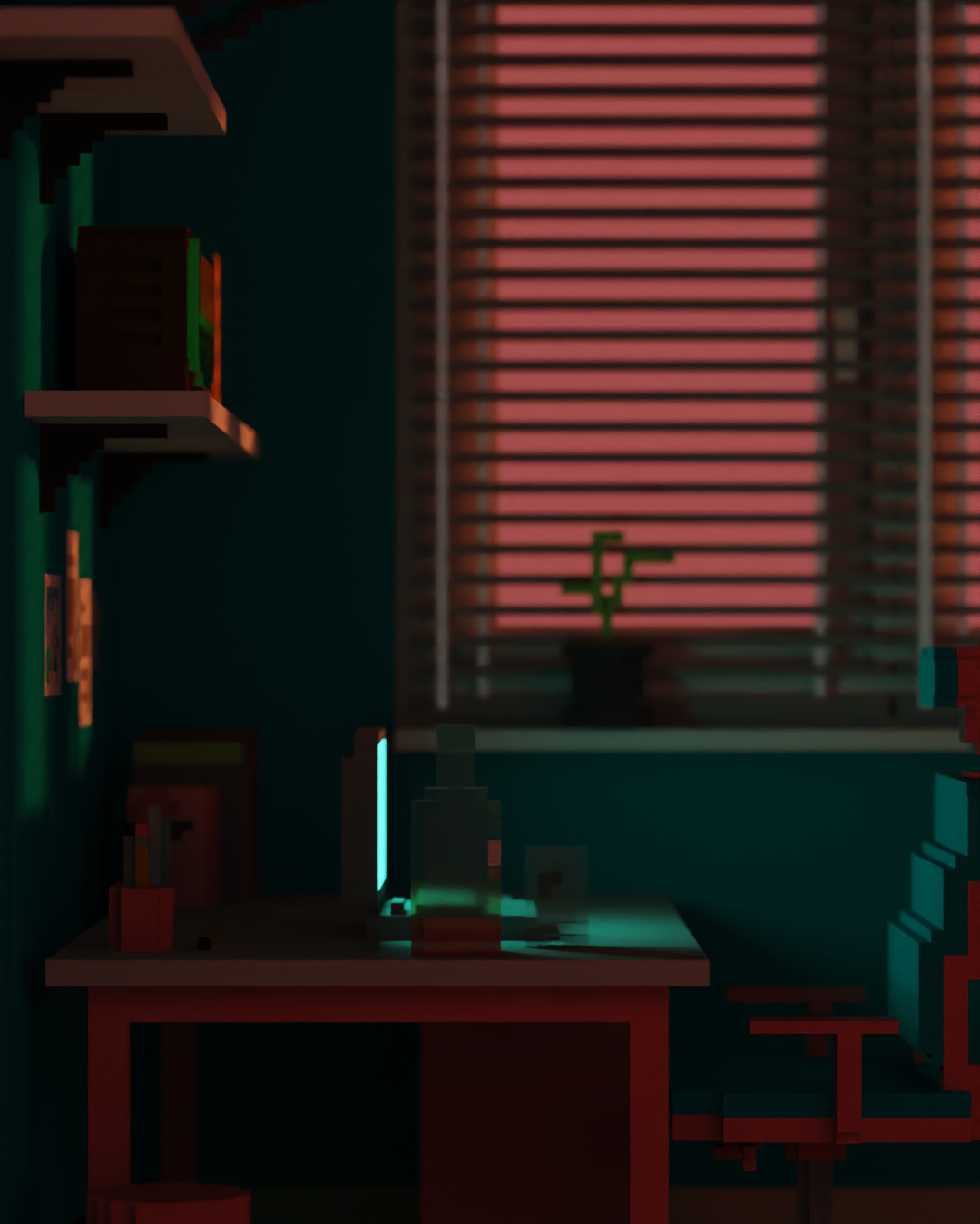 quiet evening, room, sunset, laptop, whiskey, voxel