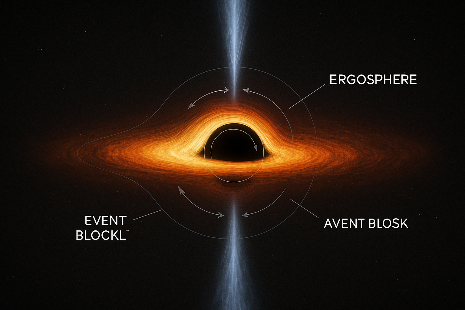 회전 블랙홀의 구조(사건의 지평선, 에르고스피어, 원반과 제트 형성)