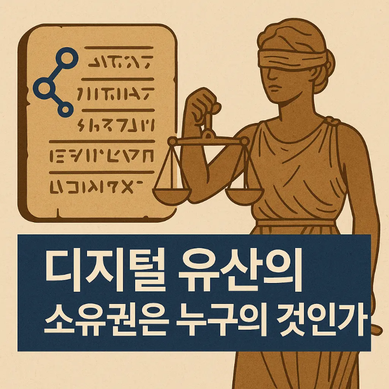 고대 문서와 정의의 여신상이 함께 등장하는 디지털 유산 소유권 이슈 썸네일, '디지털 유산의 소유권은 누구의 것인가' 문구 포함