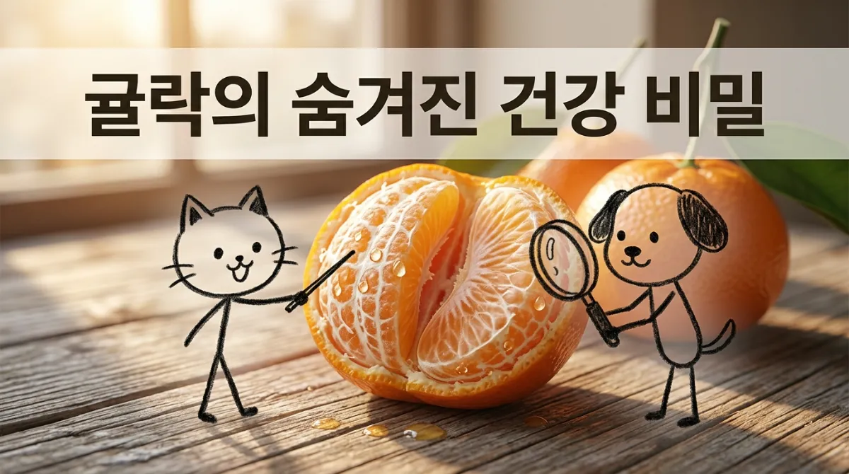 나무 테이블 위 귤을 까는 실사 사진에 귀여운 스틱 캣과 스틱 독 캐릭터가 귤락을 관찰하는 믹스드 미디어 아트, '귤락의 숨겨진 건강 비밀' 텍스트 오버레이