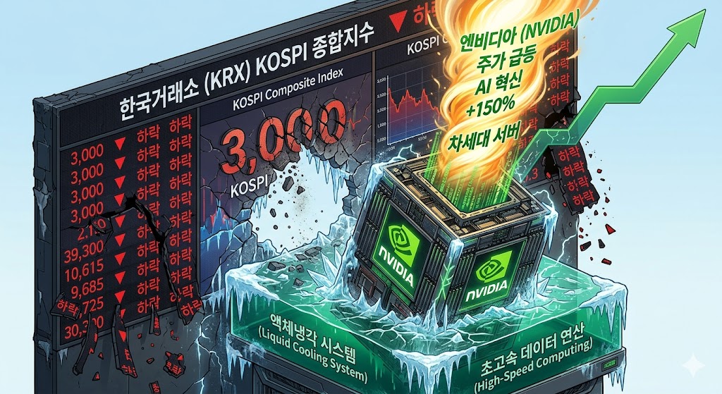 파랗게 질린 코스피 지수 전광판(폭락장)을 뚫고, 엔비디아의 초록색 로고가 새겨진 거대한 차세대 AI 서버가 에메랄드빛 액체냉각 수조 안에서 차갑게 얼어붙으며 강력한 주가 상승 불기둥을 뿜어내는 입체적 일러스트
