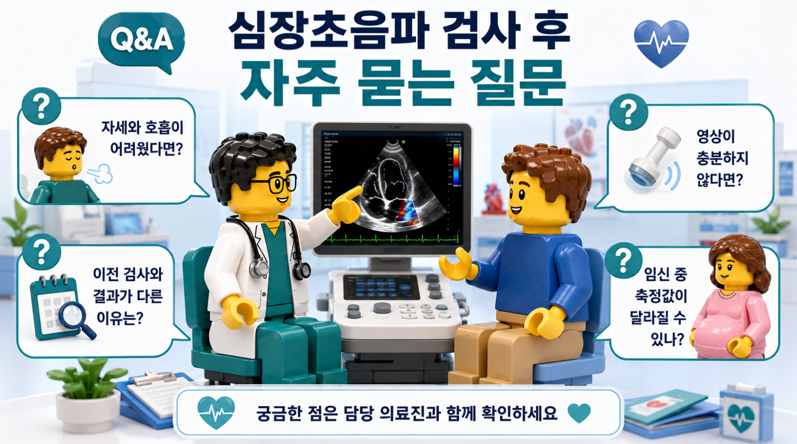 심장초음파 검사 후 자주 묻는 질문을 의료진과 환자의 상담 장면으로 표현한 의료 일러스트