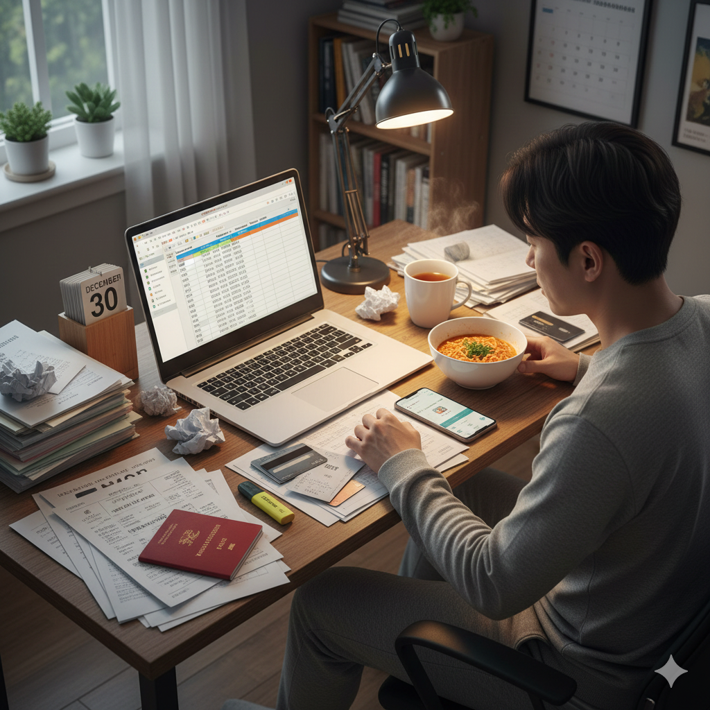 책상에서 라면을 먹으며 노트북으로 예산 표를 확인하는 젊은 남성, 12월 30일 달력과 여권, 영수증, 커피가 어지럽게 놓인 집무실 장면
