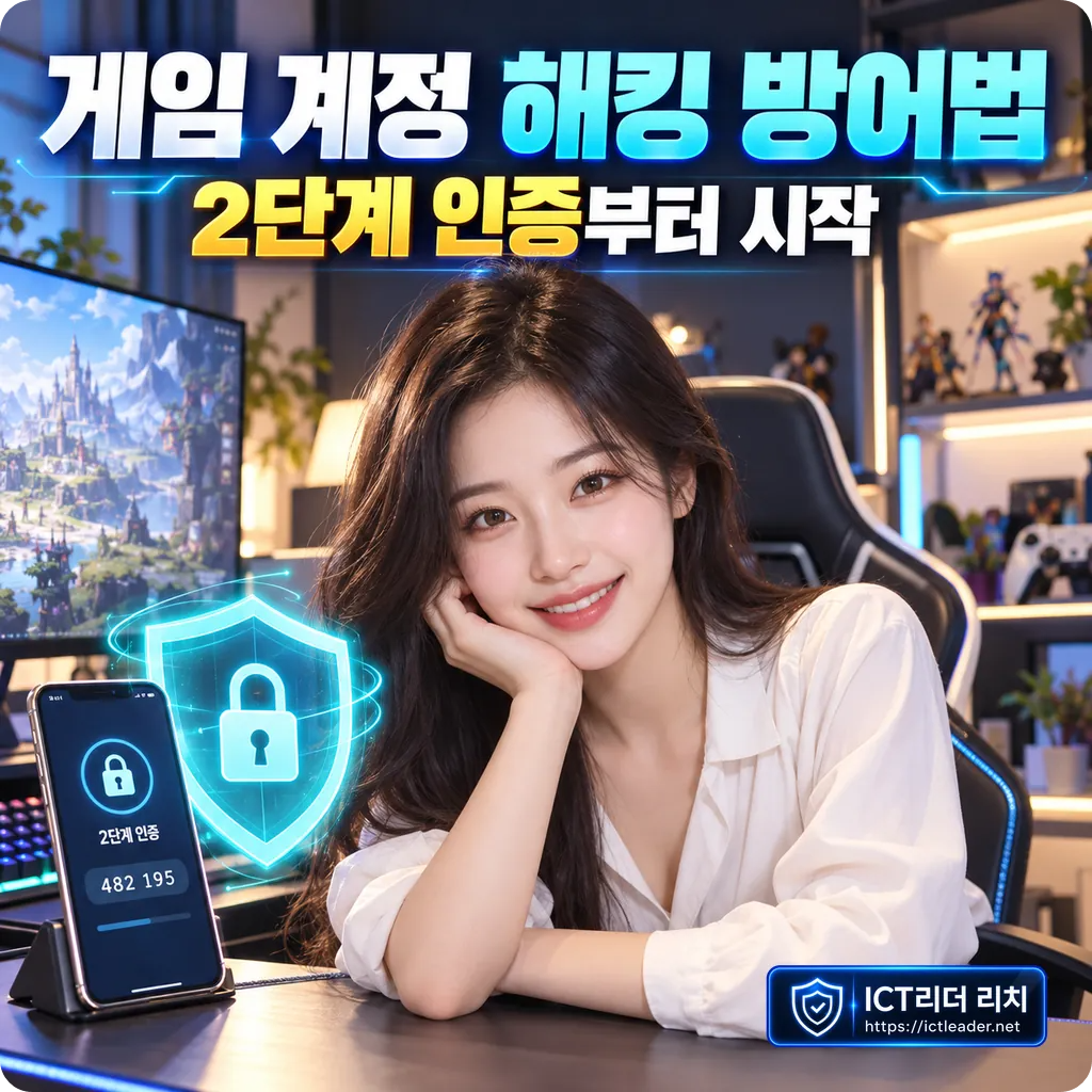 여성과 보안 방패 옆에 게임 계정 해킹 방어법과 2단계 인증부터 시작이라는 문구를 배치한 썸네일