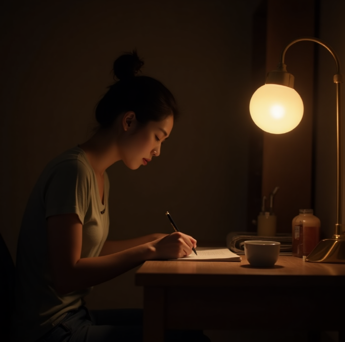 따뜻한 조명 아래 노트 정리하는 모습