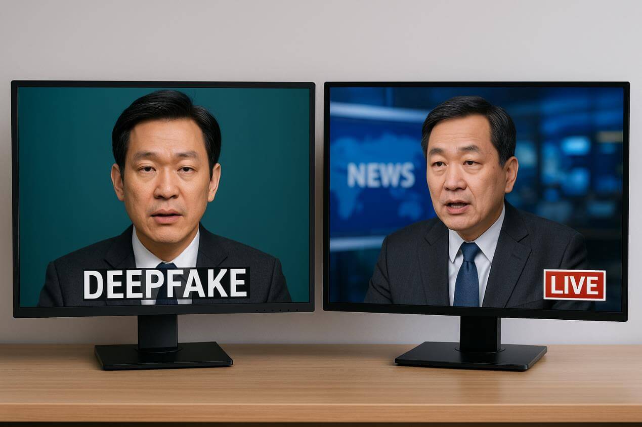 두 모니터에 딥페이크 영상과 실제 뉴스 생방송 화면 비교.
