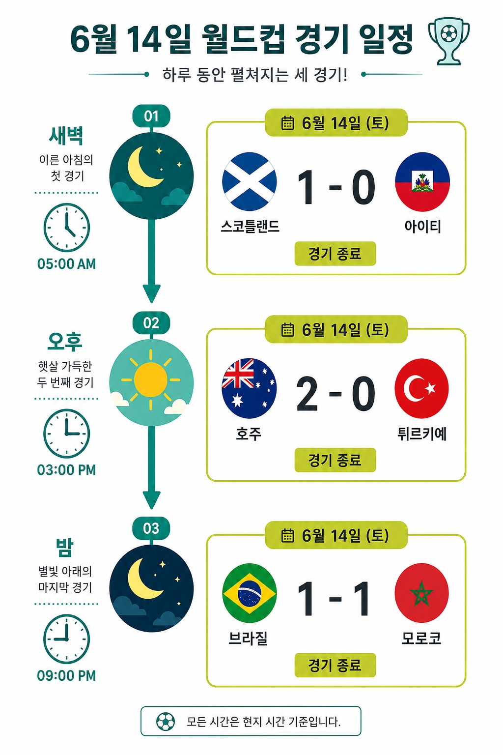 6월 14일 월드컵 3경기 시간순 타임라인 흐름 다이어그램 스코틀랜드 호주 브라질