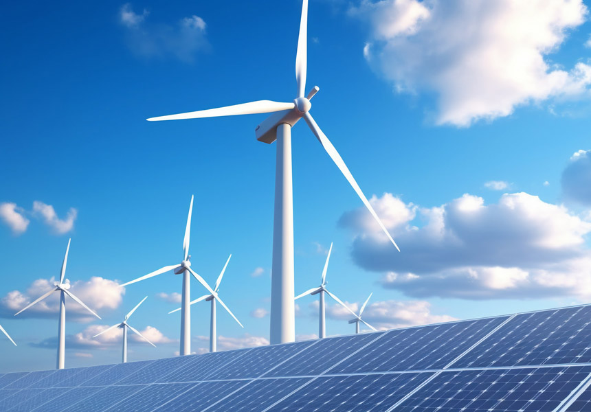 태양광 패널과 풍력 터빈이 함께 보이는 재생에너지 산업 현장 이미지