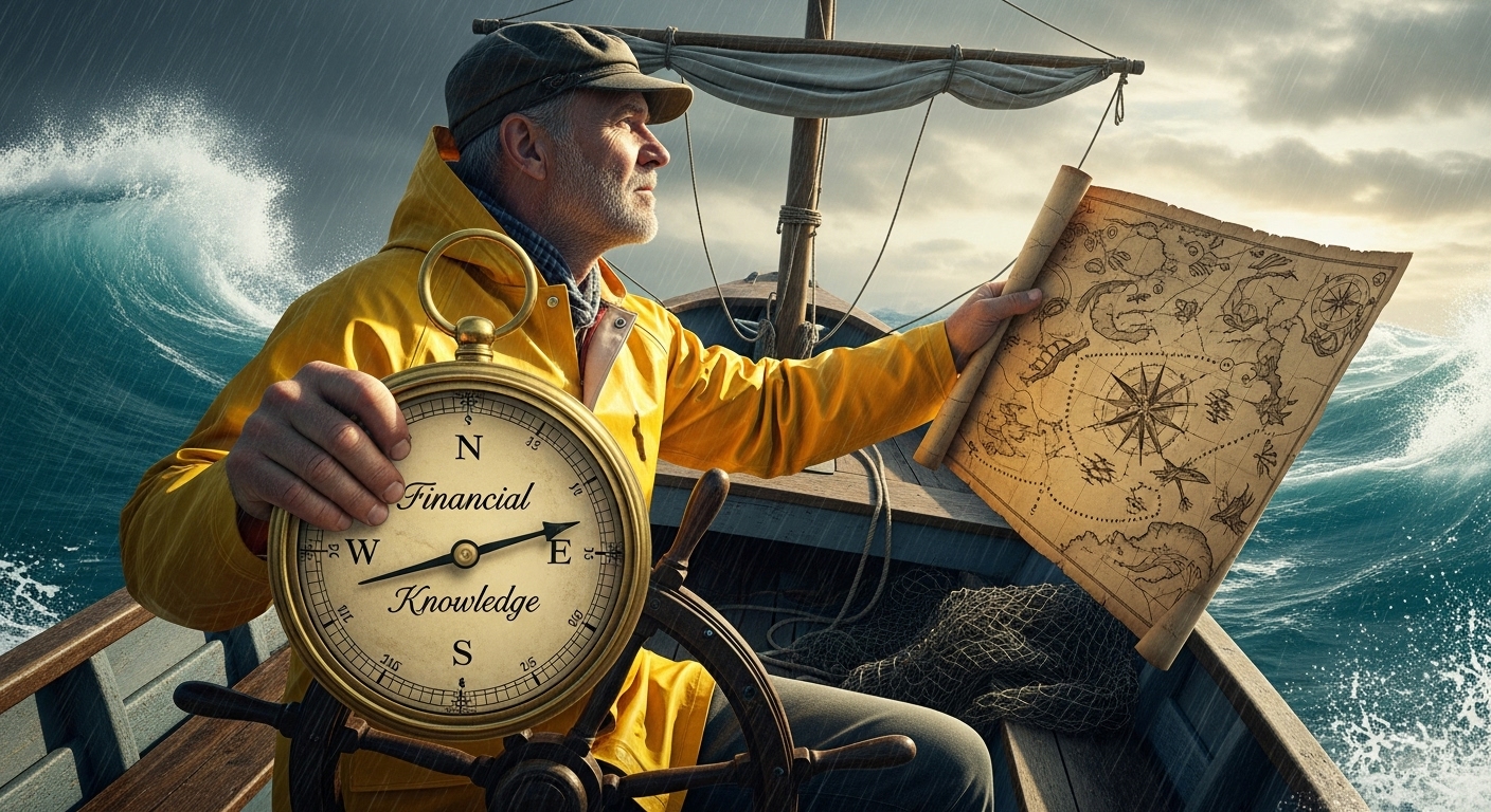 망망대해 위에서 '금융 지식'이라는 나침반과 지도를 들고 목적지를 향해 항해하는 선장의 뒷모습