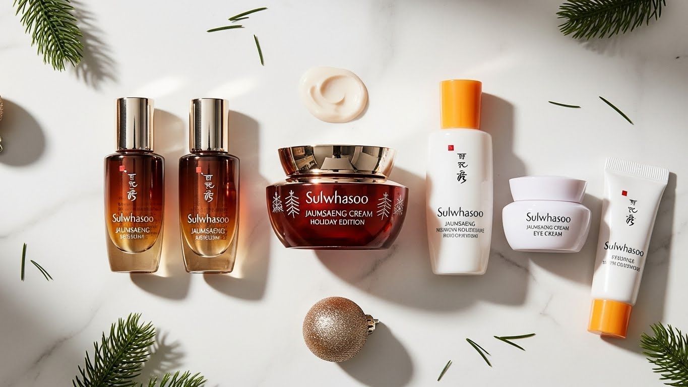 설화수 자음생 크림 홀리데이 에디션 세트 구성품을 아름답게 배열한 평면 사진