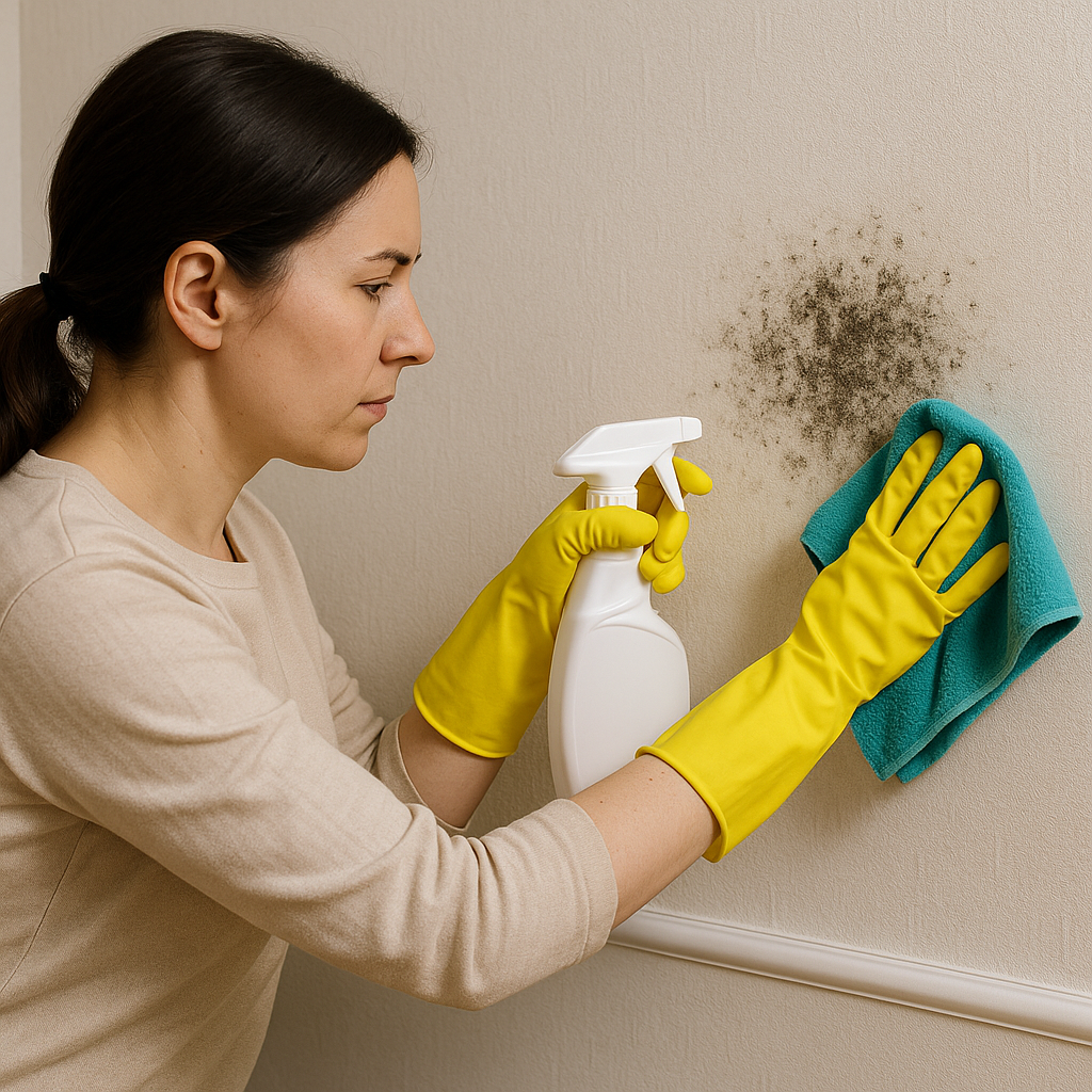 실내 벽지에 핀 곰팡이를 제거하는 장면